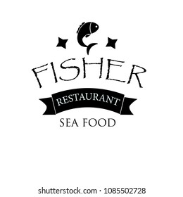 vector logo banner for advertising restaurant name black with fish and text inscription seafood