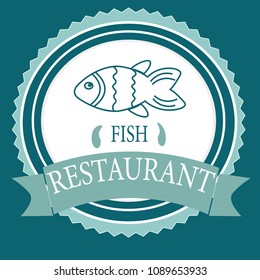 vector logo banner for advertising restaurant name blue turquoise color with fish and text inscription