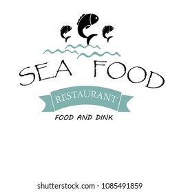 vector logo banner for advertising the restaurant's name blue with fish and waves and text inscription sea food