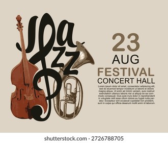 Logotipo de Vector, o Anuncio para una música de jazz con un contrabajo, tuba, clave de agudos e inscripción. Conveniente para el volante, la invitación, el cartel, la cubierta, el elemento del diseño, la publicidad. Sin ayuda
