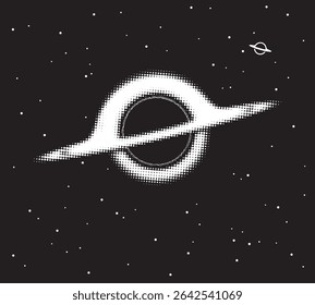 Vector logo or banner made of pixels or dots with a black hole or a planet with rings and a starry sky on the theme of space, astronomy, astrophysics. Logo, T-shirt design. Not used aI