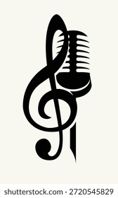 Logotipo de Vector, o Anuncio para una música con micrófono vocal y clave de agudos . Conveniente para el volante, la invitación, el cartel, la cubierta, el icono, la escuela vocal, la publicidad, el festival de música. Sin ayuda