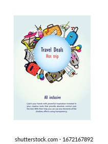 Vector logo banner - Travel deals, hot trip, with colorful case, suitcase, bags for tourism and vacation. Vector bright template for tourism business.