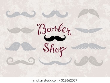 Vector logo for barber shops. Vintage Barber shop calligraphic handwritten. Logo for hair salon. Pattern from different mustache.
