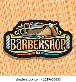 Logotipo vectorial para Barbershop, cartelera negra con accesorios de belleza profesionales, tipografía original para barbería de palabras, señalización elegante para salón de peluquería con bastón de peluquería.