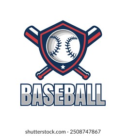 Vector logo with baseball design in the center of the shield, complemented by two crossed baseball bats, suitable for baseball teams, leagues or events