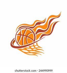 Vector Logo For A Basketball Club, Consisting Of An Orange Fire Flame Burning Basketball Ball In A Basket With Net Mesh On A White Background