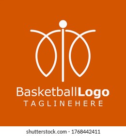 Vector Logo for Basketball Competition with Illustration of Basketball and athletes playing Basketball. Flat logo Basketball with a dark orange background.