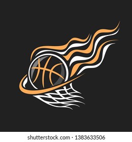 Vector logo for Basketball, decorative badge with burning basketball ball flying on trajectory in basket with net on black background, sports chalk sketch on blackboard.