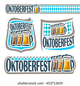 Vector logo bavarian pattern flag oktoberfest with glass ale. Emblem Bavarian fest in Munich with alcohol drink. Banner Oktoberfest mug beer cup with porter. Header menu: foam pint beer, blue rhombus