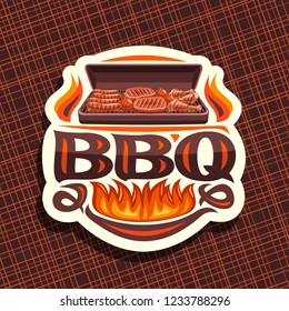 Vector logo for BBQ, white decorative label with roasted frankfurters, fresh tomatoes, juicy beefsteak and chicken legs, original typeface for word bbq, signage for restaurant of american cuisine.