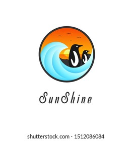 Vector logo of a beach circle with waves and sunsets and penguins.