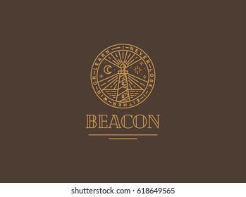 Vector logo with beacon, gold color on brown background 