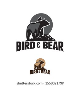 vector logo, bear with birds in vintage style design illustration