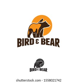 vector logo, bear with birds in vintage style design illustration