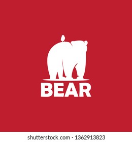 vector logo, bear facing back with small birds with red and white accents that look elegant. modern, unique, icon, abstract