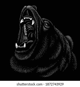 The Vector logo bear for T-shirt design or outwear.  Hunting style bear background. This drawing would be nice to make on the black fabric or canvas.