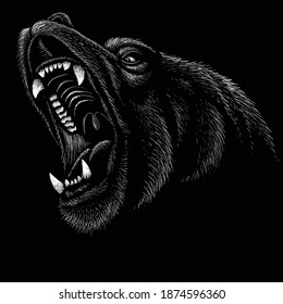 The Vector logo bear for T-shirt design or outwear.  Hunting style bear background. This drawing would be nice to make on the black fabric or canvas.