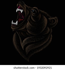 The Vector logo bear for T-shirt design or outwear.  Hunting style bear background. This drawing would be nice to make on the black fabric or canvas.