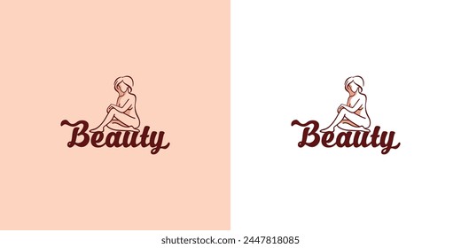Vector logo Belleza, dibujado a mano con un bolígrafo. Una mujer se sienta en el suelo con las piernas cruzadas.