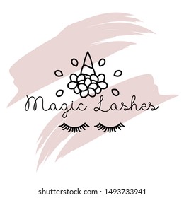 Vector logo of a beauty salon. Master lashes. Eyelash shaping. Beauty, makeup, spa salon, eyebrows, eyelashes. Magic unicorn eyelashes.