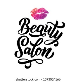 Vector logo for beauty salon, spa centre, cosmetic.  Simple logotype template with red lips. hand written Lettering, Quote Beauty salon.