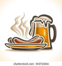 Vector logo for beer, consisting of isolated glass cup, filled to the brim light lager pilsner beer with foam on a white background and yellow dish plate with 2 hot beef sausage frankfurters