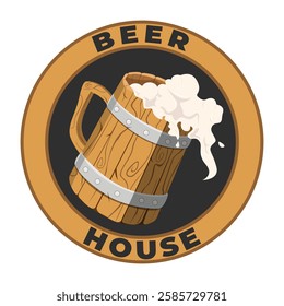 Vector logo for Beer House, brown decorative sign board with illustration of full beer glass with foam. Original vintage retro art badge ciecle logo design template