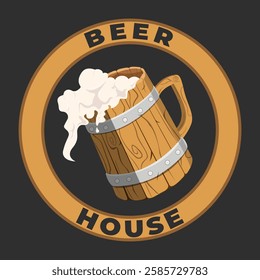 Vector logo for Beer House, brown decorative sign board with illustration of full beer glass with foam. Original vintage retro art badge ciecle logo design template