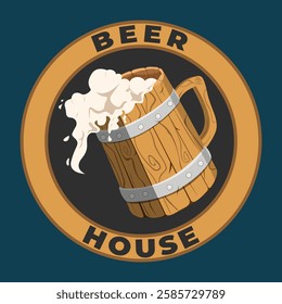 Vector logo for Beer House, brown decorative sign board with illustration of full beer glass with foam. Original vintage retro art badge ciecle logo design template