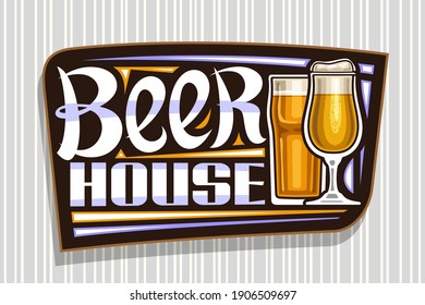 Logo vector para Beer House, tablero de anuncios decorativo oscuro con ilustración de vidrio de cerveza completo con espuma y bola alta dorada, letras únicas de pincel para cervecería de palabras azules con fondo de rayas grises.