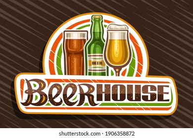 Vector logo for Beer House, white decorative sign board with illustration of full beer glass with foam and dark highball, unique brush lettering for words beer house on brown abstract background.