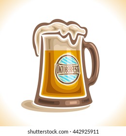 Vector logo for beer mug, consisting of glass mug with handle, filled to brim light lager beer with froth. On pint with alcohol drink label oktoberfest on background of emblem fest white blue rhombus