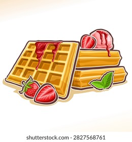 Vector logo for Belgian Waffle, poster with homemade pastry decorated strawberry jam and mint leaf, illustration of heap square waffles with ice cream for cafe menu