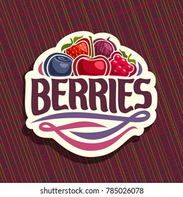 Vector logo for Berries, cut sign with fresh strawberry, red gooseberry, healthy blueberry, cherry berry, ripe raspberry on geometric background, veg mix label with text berries for vegan nutrition.