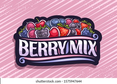 Vector logo for Berry Mix, black decorative badge with illustration of pile various berries and design flourishes, concept with original brush typeface for words berry mix on red striped background.