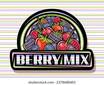 Vector logo for Berry Mix, black decorative sign with illustration of many assorted red and blue wild forest berries with stem, unique brush lettering for text berry mix on colorful striped background