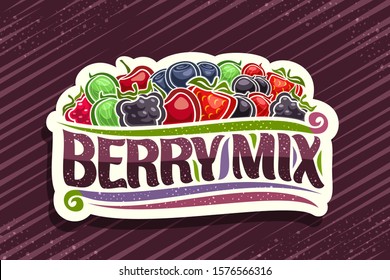 Vector logo for Berry Mix, decorative cut paper badge with illustration of heap various berries and design flourishes, concept with original brush typeface for words berry mix on purple background.