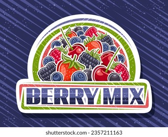 Vector logo for Berry Mix, white decorative sign with contour illustration of many different red garden berries with stems and unique brush lettering for text berry mix on blue abstract background