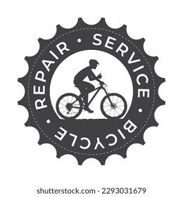 Vector logo bicycle repair service gear inside silhouette of a cyclist riding a bicycle showing OK gesture. Isolated on white background.