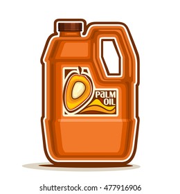 Vector logo big orange plastic Bottle with Palm Oil fruits and label, gallon canister pure cooking oil, cartoon large container with organic liquid with cap and handle, closeup isolated on white.