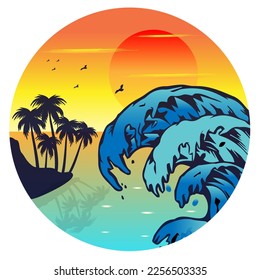 vector logo big wave illustration with sunset on island