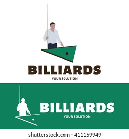 Vector logo billiard. The Billiards player stands at the table and holding the cue