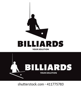 Vector logo billiard. The Billiards player stands at the table and holding the cue