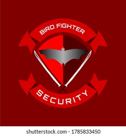 Vector logo of an Bird Fighter with a sword and shield red background.
