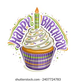 Logo vectorial para la tarta de cumpleaños, afiche cuadrado con ilustración de quequitos de lujo con traje de papel con crema de servir suave torcido, vela decorada de una sola quema, cumpleaños feliz de texto con fondo blanco