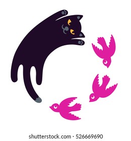 A Vector Logo Of A Black Cat Chasing Three Pink Birds In A Circle