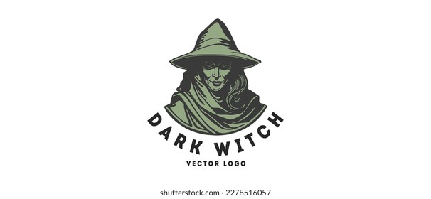 Vector logo, black and green frightening witch in a big hat on a white isolated background. Halloween sticker, icon or emblem.