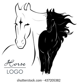 Vector logo black Horse with mane on outline horse background, symbol sign icon