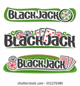 Vector logo Black Jack: three playing cards 7 different suits for gambling game Blackjack, colorful chips for casino club, 3 card with red back for blackjack, set lettering on black jack gamble theme.